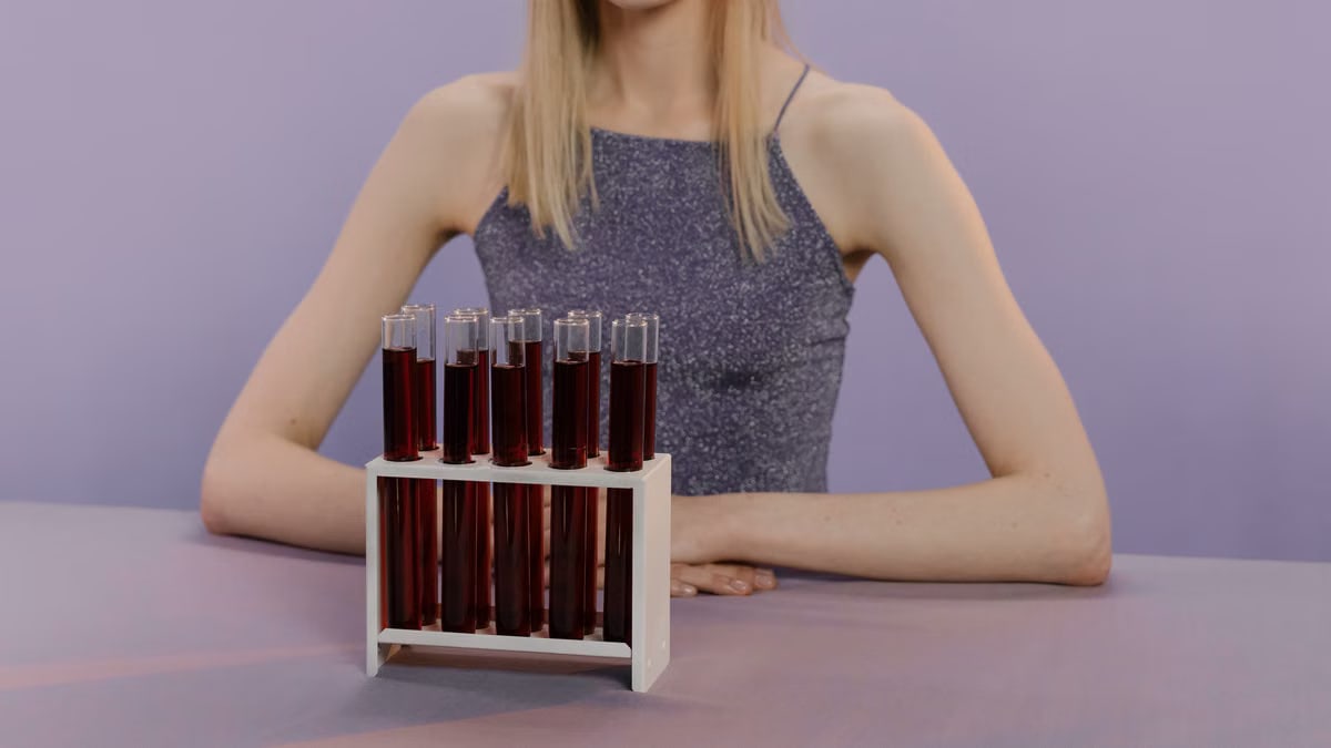 A woman sits with a rack of test tubes filled with red liquid on a table in a lab-like environment.